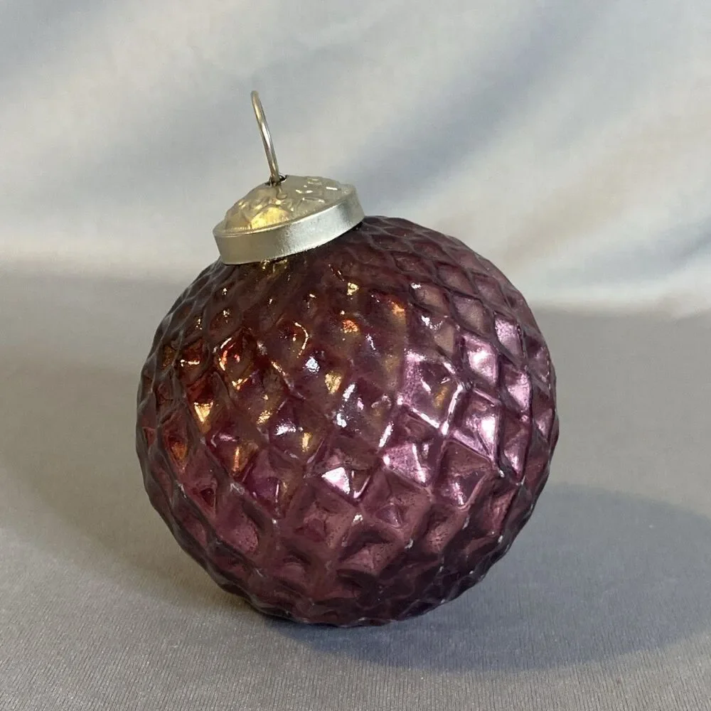 Kugel Inspired Blown Glass Ball Ornament Purple Diamond Quilted  Christmas Decor